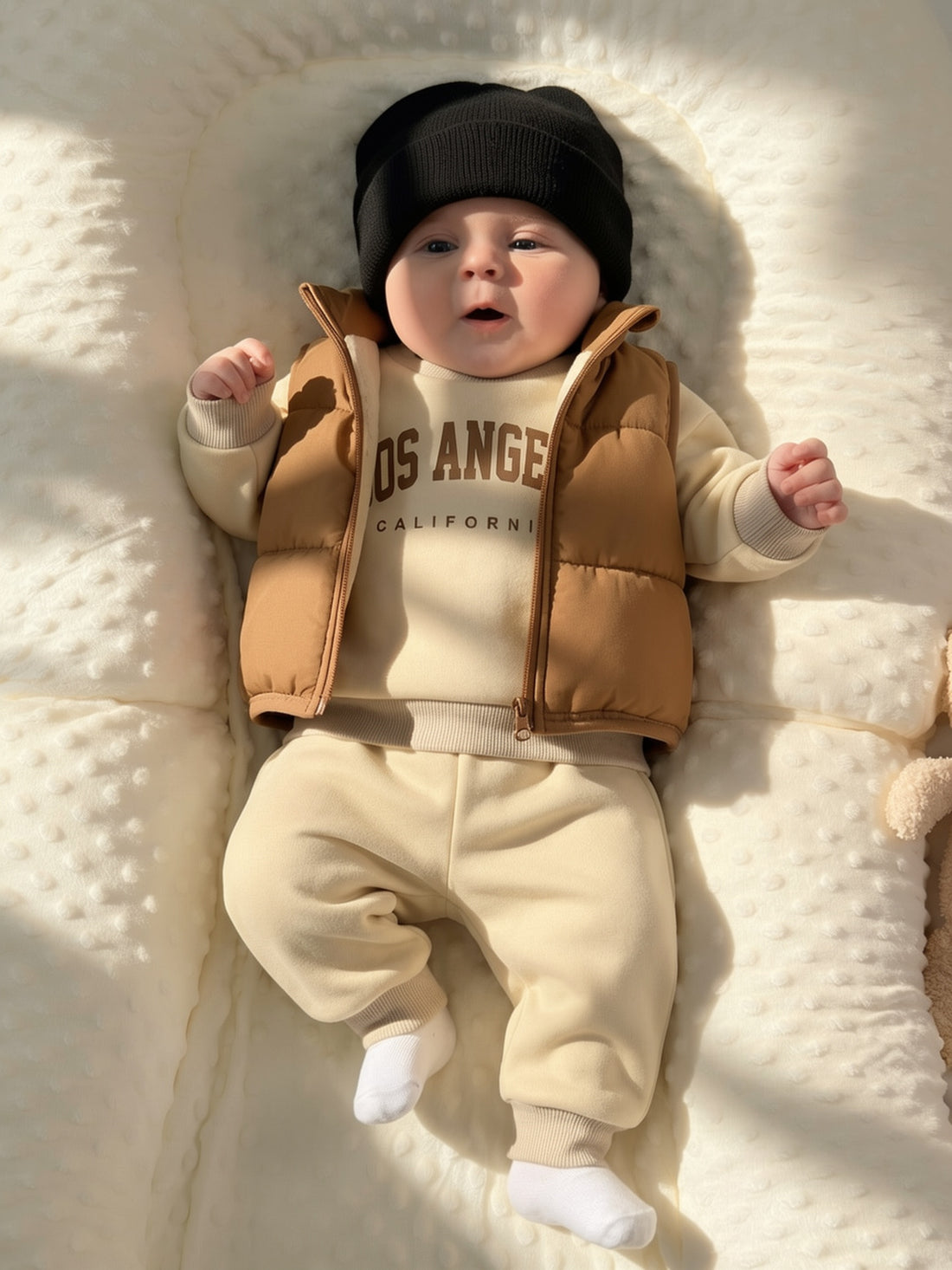 Casual Round Neck Long Sleeve Letter Print Sweatshirt, Elastic Waist Solid Color Pants, and Zipper Vest. Ideal for Spring, Autumn &amp; Winter Outdoor Activities. Newborn Baby Clothing Perfect for Comfortable Outings.