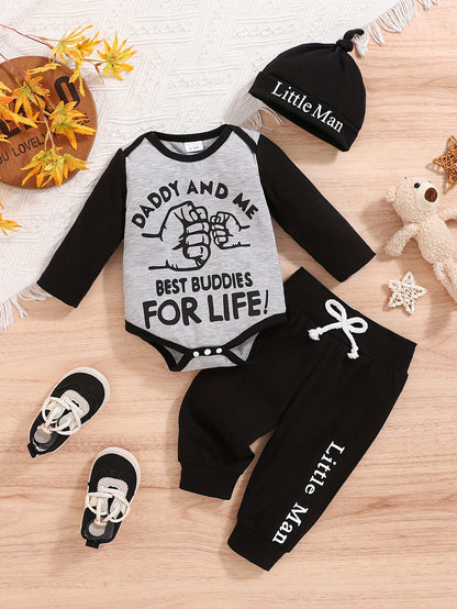 Letter Print Romper with Long Pants &amp; Hat – Casual All-Match Outfit for Spring &amp; Autumn Outdoor Wear, Perfect Newborn &amp; Toddler Essentials