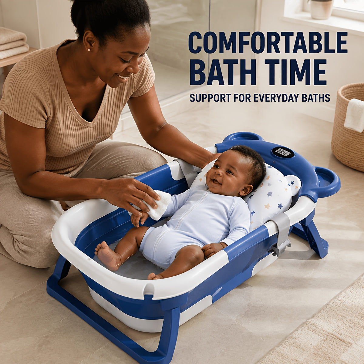 Foldable Baby Bath Tub Set with Digital Temperature Display, Portable Sit And Lie Infant Bathtub, Space-Saving PP And TPE Toddler Bath Basin for Newborns And Babies, "67" X 42 X 21cm, Available In Pink, Blue Or Grey for Home And Travel