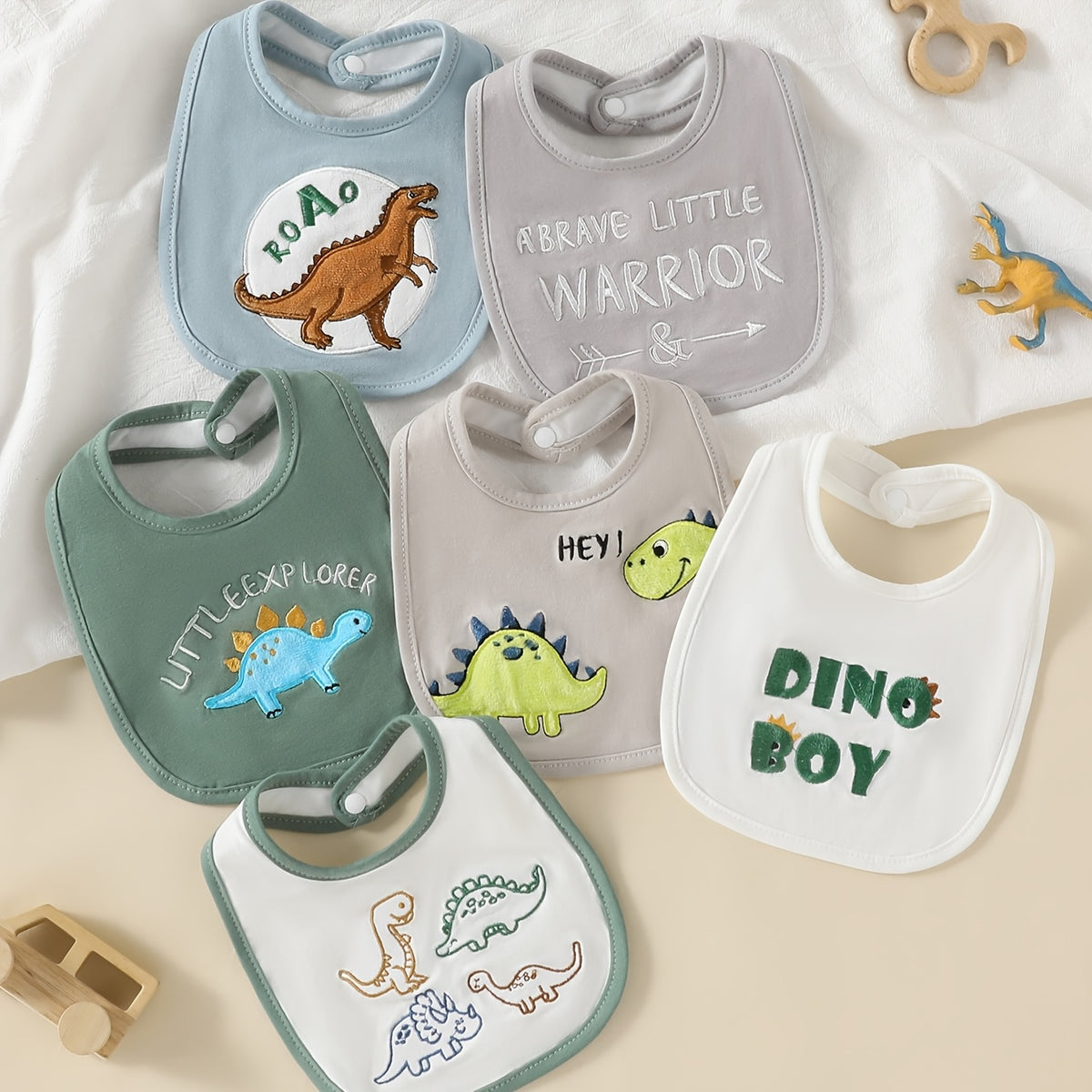 6pcs Baby Bandana Drool Bibs with Cute Dinosaur Embroidery Soft Bound Edges, Ideal for Teething Babies