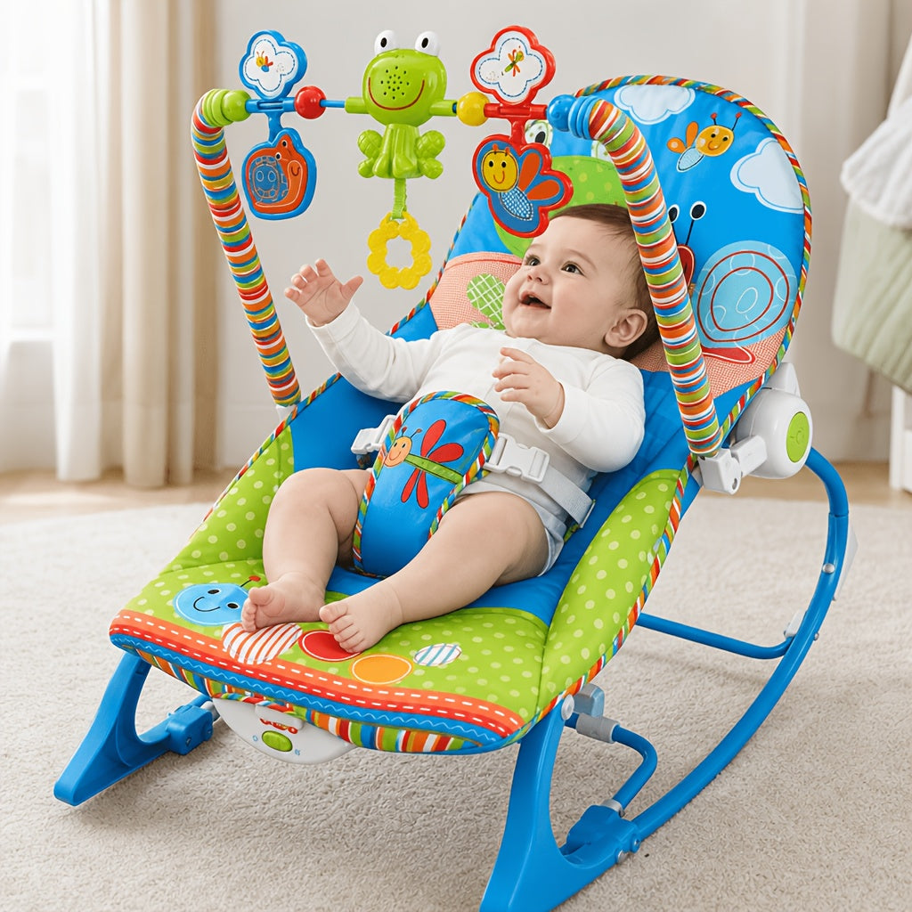 Baby Infant-to-Toddler Rocker Chair, Blue, Soothing Vibration &amp; Music, Hanging Toys, Foldable Kickstand, Supports up to 18kg, Suitable for 0-3 Years