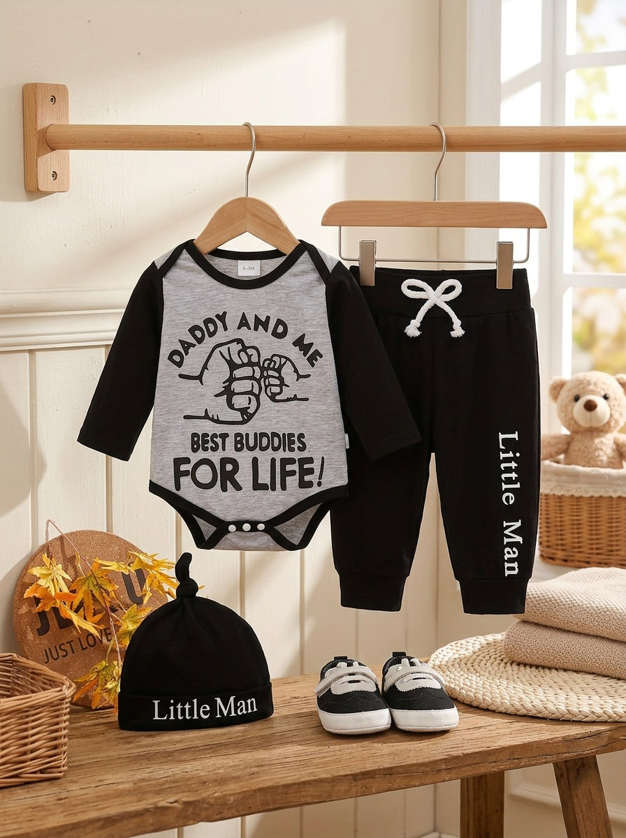 Letter Print Romper with Long Pants &amp; Hat – Casual All-Match Outfit for Spring &amp; Autumn Outdoor Wear, Perfect Newborn &amp; Toddler Essentials