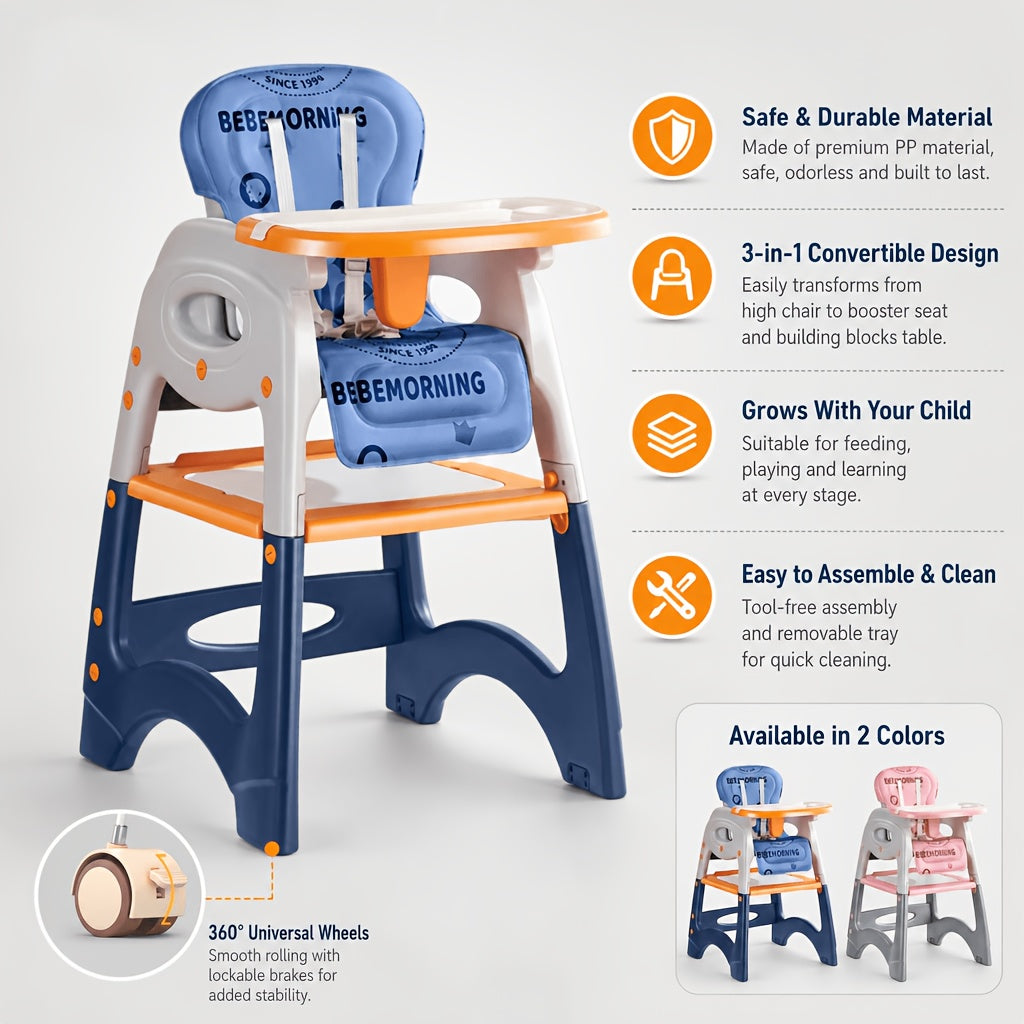 3-in-1 Convertible Baby High Chair with Building Block Baseplate | Toddler Feeding &amp; Play Seat