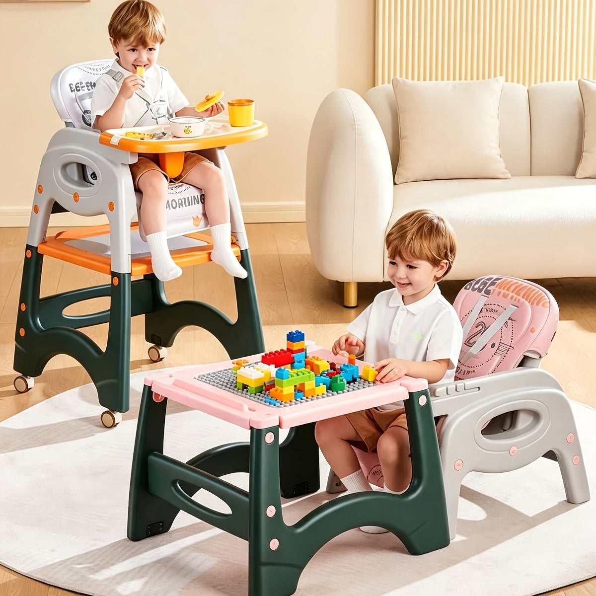 3-in-1 Convertible Baby High Chair with Building Block Baseplate | Toddler Feeding &amp; Play Seat
