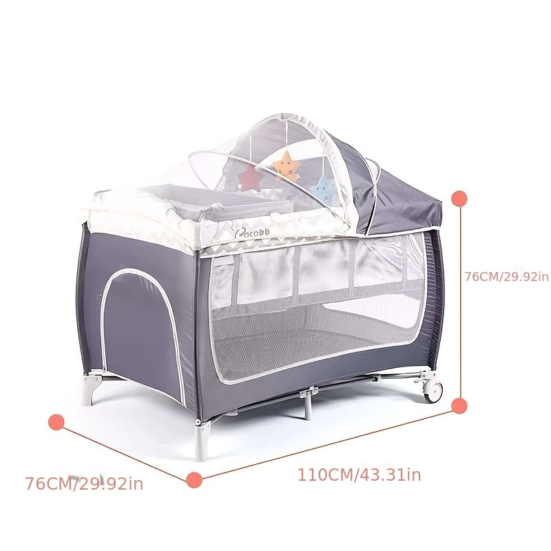Multifunctional Infant Playpen, Foldable with Diaper Changing Table, Newborn Bed, Comfortable Infant Bed with Mosquito Net And Wheels