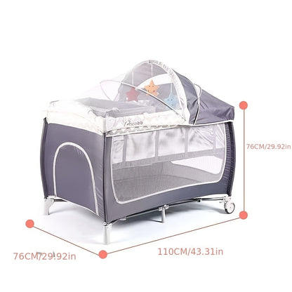 Multifunctional Infant Playpen, Foldable with Diaper Changing Table, Newborn Bed, Comfortable Infant Bed with Mosquito Net And Wheels
