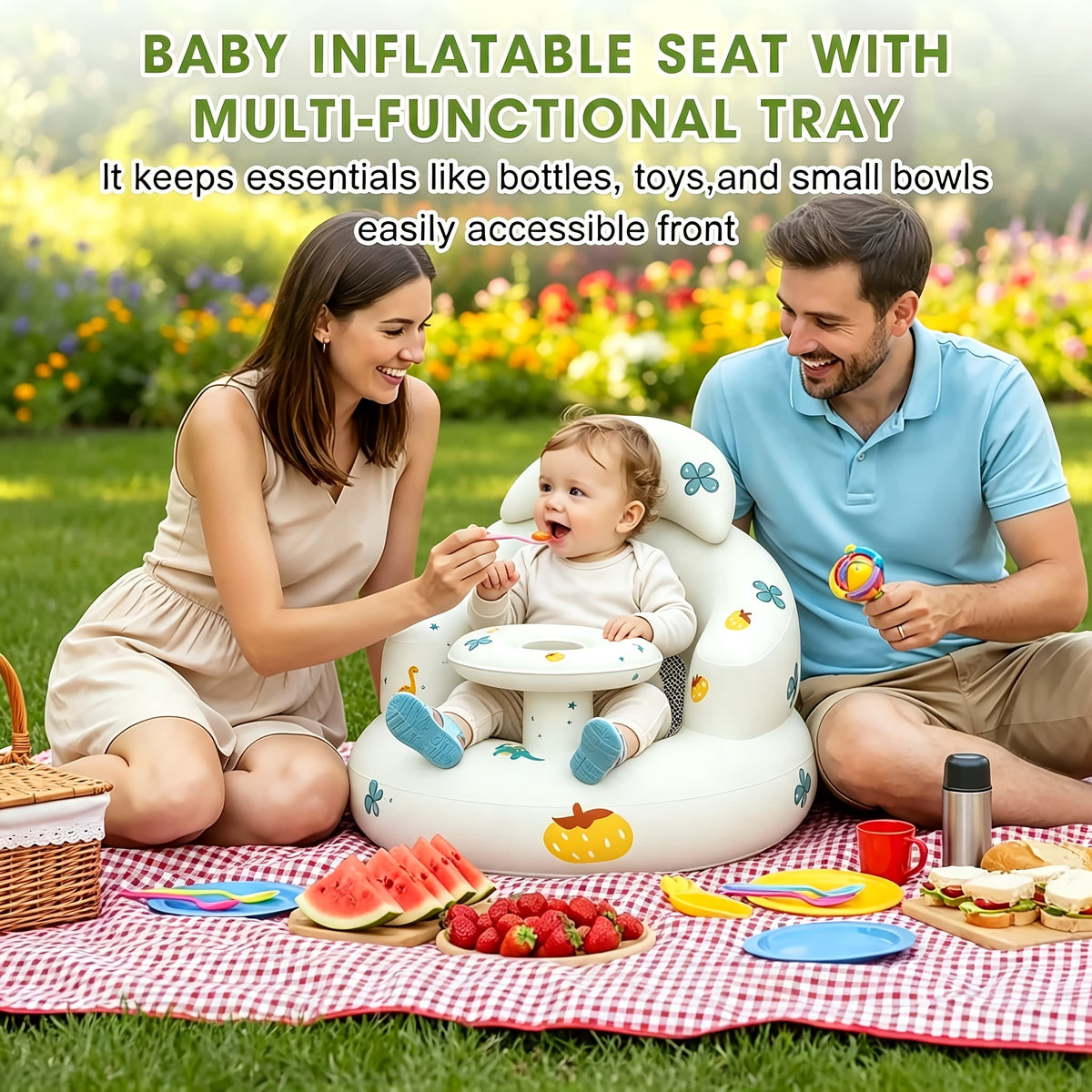 Baby Inflatable Chair with Built-In Air Pump and Tray – Portable, Comfortable Seat for Babies 3-36 Months, Ideal for Feeding, Travel, and Beach Use (Pumpkin Pattern)