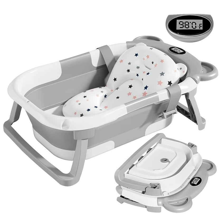 Portable Collapsible Baby &amp; Infant Bath Tub with Cushion and Temperature Sensor – Grey &amp; White