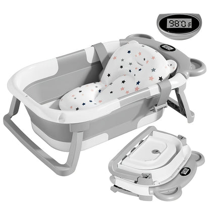 Portable Collapsible Baby &amp; Infant Bath Tub with Cushion and Temperature Sensor – Grey &amp; White