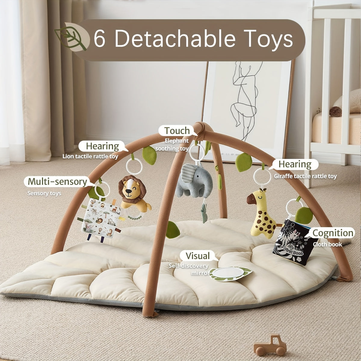 Baby Play Arch &amp; Oversized Leaf-Shaped Play Mat | Baby Gym with 6 Removable Hanging Toys