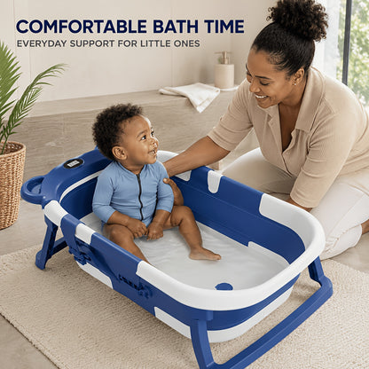Foldable Baby Bath Tub Set with Digital Temperature Display, Portable Sit And Lie Infant Bathtub, Space-Saving PP And TPE Toddler Bath Basin for Newborns And Babies, "67" X 42 X 21cm, Available In Pink, Blue Or Grey for Home And Travel