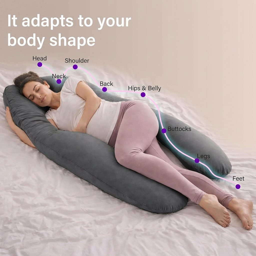 XXL U-Shaped Body Pillow with Cover, Soft Side Sleeping Pillow for Full Body Comfort, Multi-Use Pillow for Sleep, Relax, Reading &amp; Home Use, Washable Cover