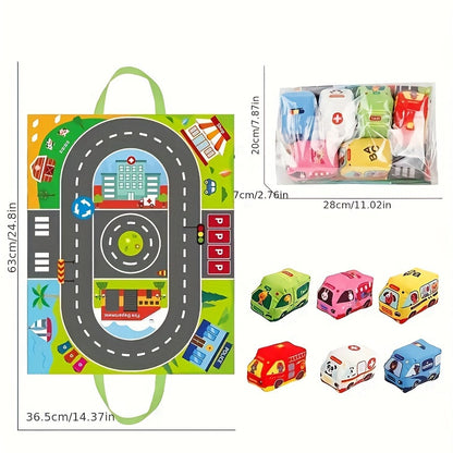 Plush Toy Cars and Animals Set with Play Mat, Carry Bag, Interactive Rattles, and Early Education Toys – Complete Fun and Learning Bundle for Kids