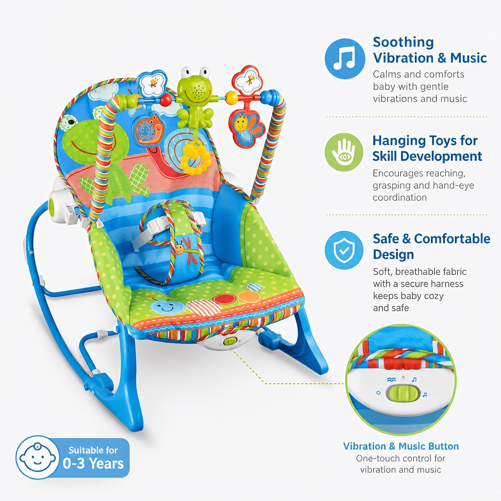 Baby Infant-to-Toddler Rocker Chair, Blue, Soothing Vibration &amp; Music, Hanging Toys, Foldable Kickstand, Supports up to 18kg, Suitable for 0-3 Years