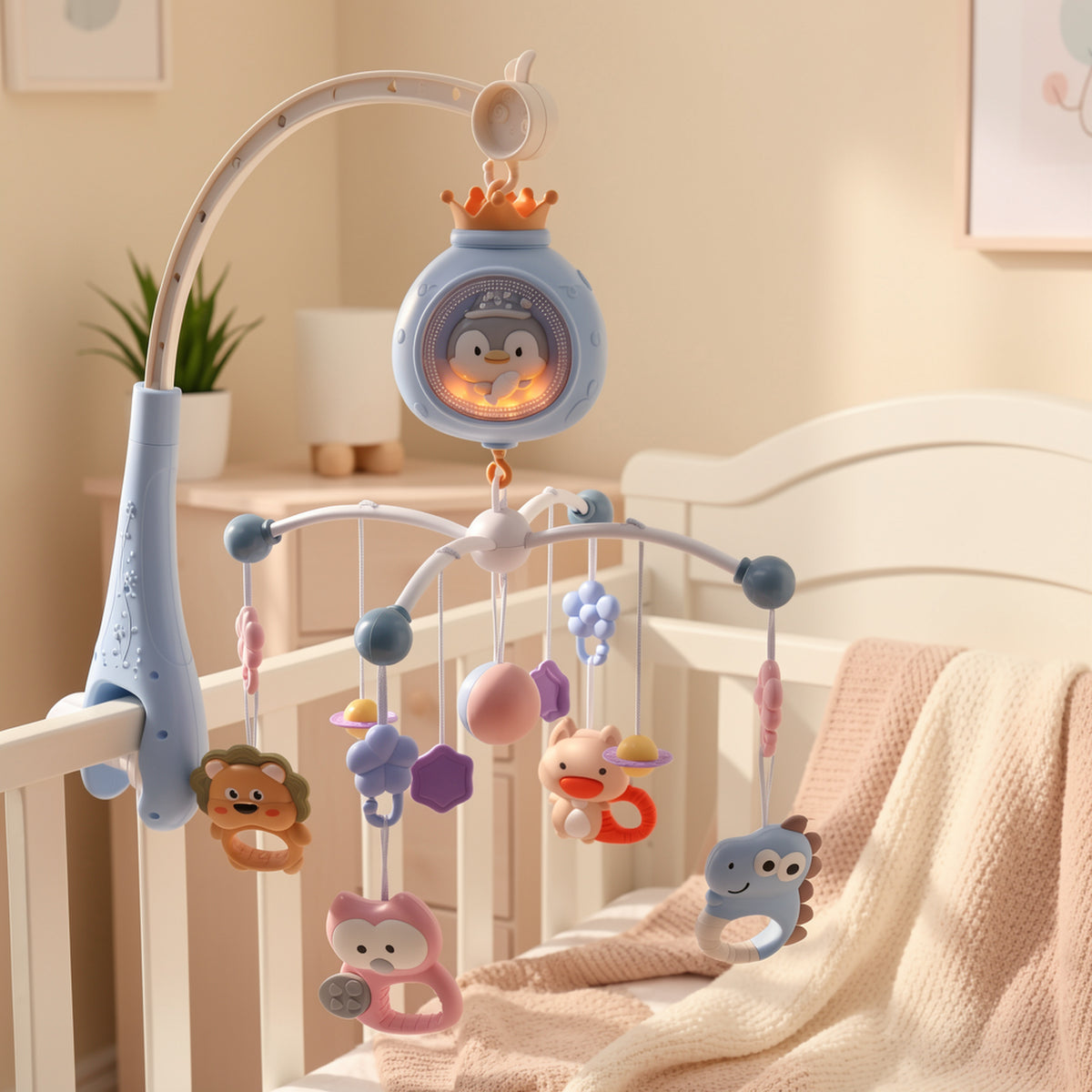 Large Interactive Penguin Baby Crib Mobile Toy with 360° Auto Rotation, Built-in Music &amp; Soft Lighting, Timer Function, Stroller &amp; Crib Hanging Spinning Rattle. Available in Blue, Pink, Gray. Multifunctional Brain Development Toy for Babies.
