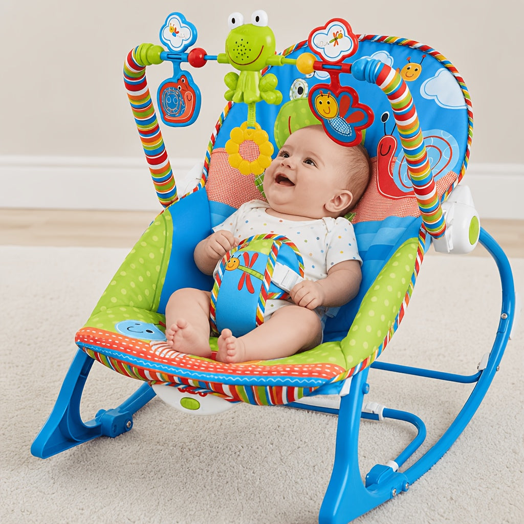 Baby Infant-to-Toddler Rocker Chair, Blue, Soothing Vibration &amp; Music, Hanging Toys, Foldable Kickstand, Supports up to 18kg, Suitable for 0-3 Years
