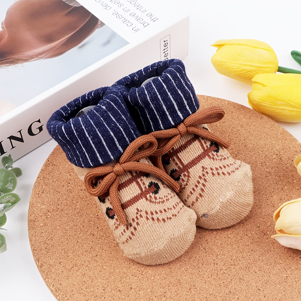 3 Pairs Baby Socks Set – Bow Tie Shoelace Design, Letter &amp; Stripe Patterns, Cute and Comfortable Flip-Over Socks for Children