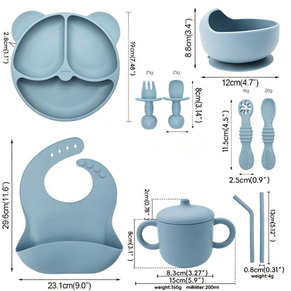 10pcs Baby Led Weaning Feeding Set - Food Grade Silicone Bear Divided Suction Plate, Strong Suction Bowl, Mess-Catching Bib, Dual Handle Straw Cup with Snack Lid, Toddler Training Spoon &amp; Fork Utensils