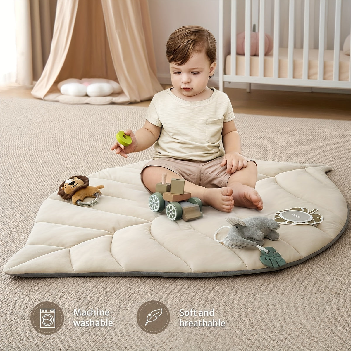 Baby Play Arch &amp; Oversized Leaf-Shaped Play Mat | Baby Gym with 6 Removable Hanging Toys