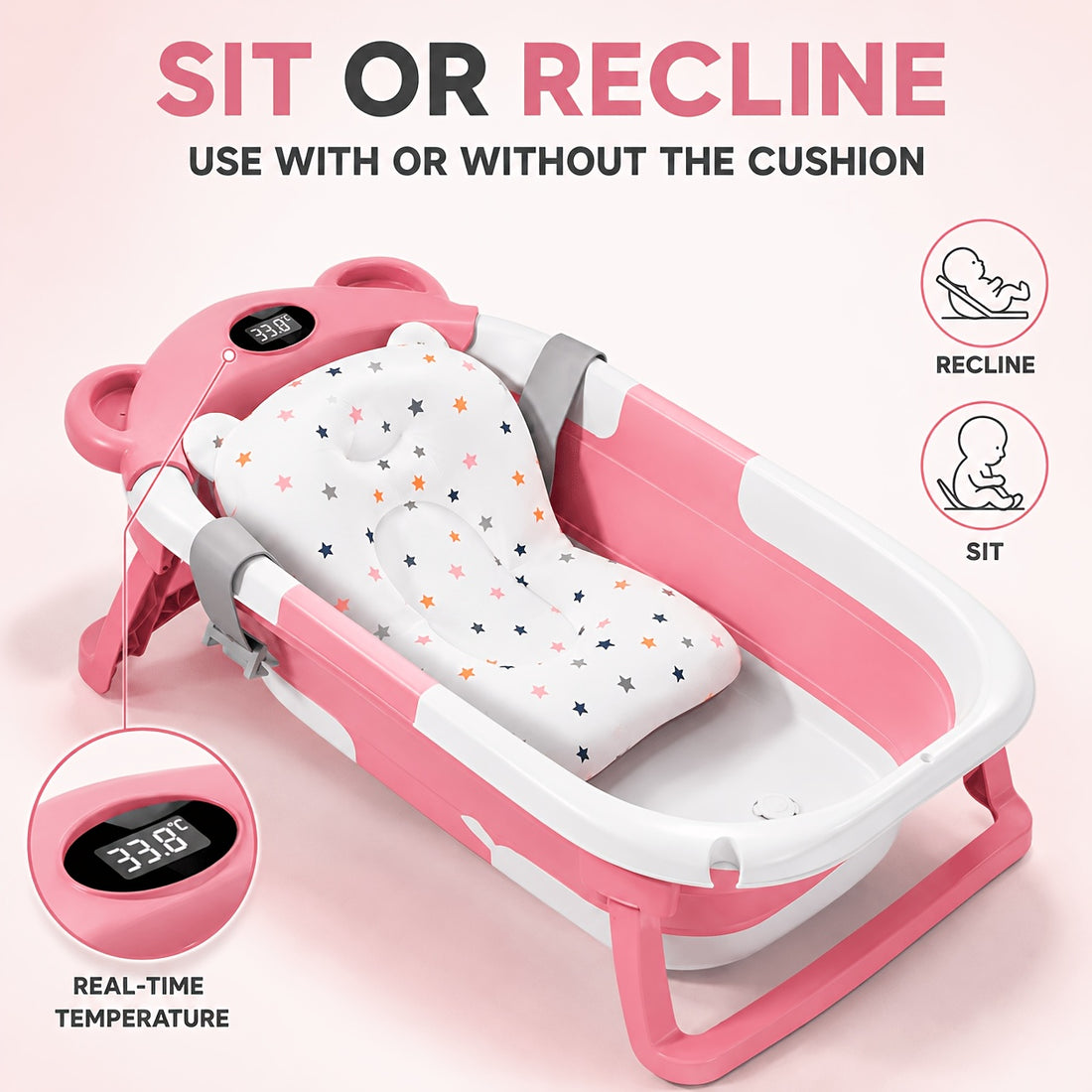 Foldable Baby Bath Tub Set with Digital Temperature Display, Portable Sit And Lie Infant Bathtub, Space-Saving PP And TPE Toddler Bath Basin for Newborns And Babies, "67" X 42 X 21cm, Available In Pink, Blue Or Grey for Home And Travel