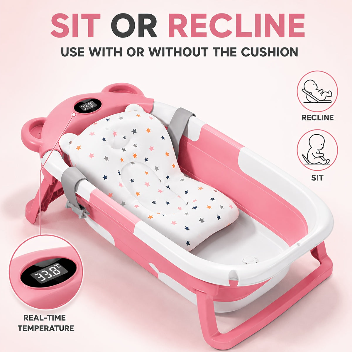 Foldable Baby Bath Tub Set with Digital Temperature Display, Portable Sit And Lie Infant Bathtub, Space-Saving PP And TPE Toddler Bath Basin for Newborns And Babies, "67" X 42 X 21cm, Available In Pink, Blue Or Grey for Home And Travel