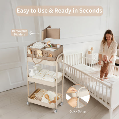 FORTELLA 3-Tier Rolling Diaper Caddy with Drawers, Dividers &amp; Wheels