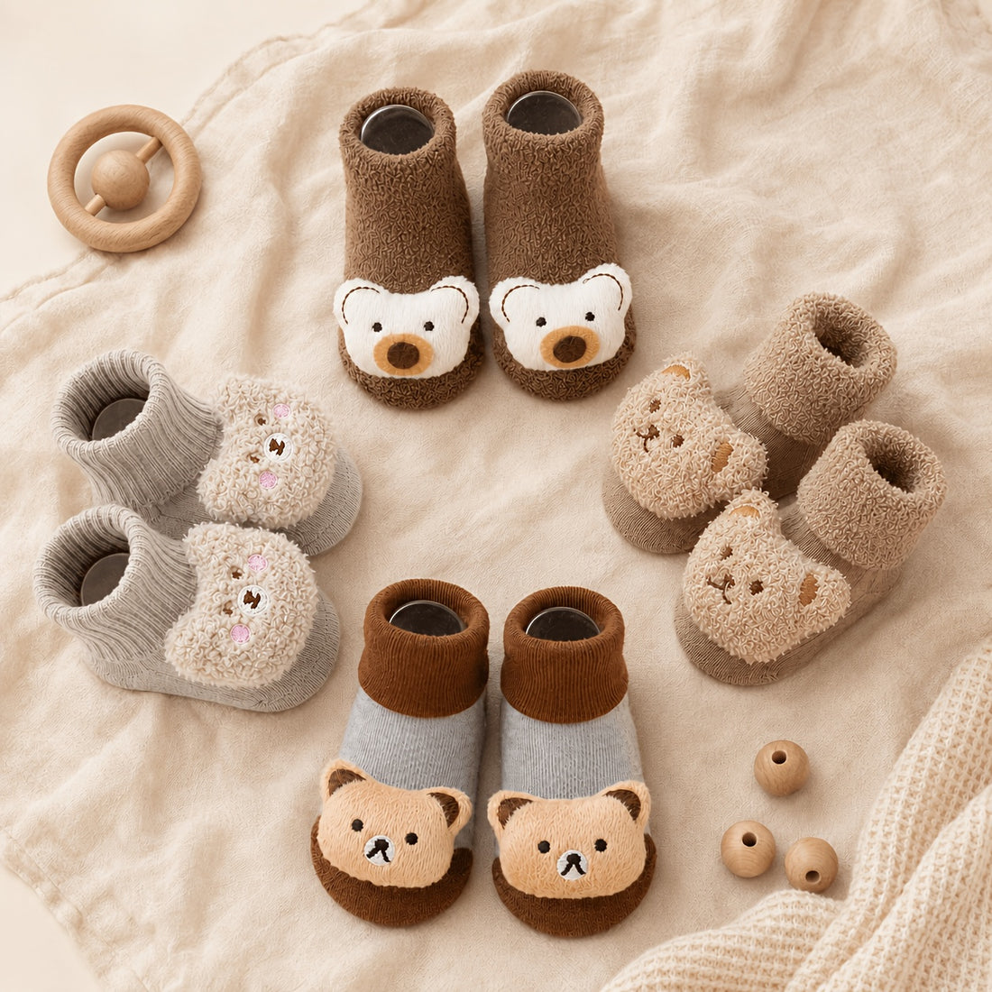 4-Pair Set Baby 3D Brown Bear Mid-Calf Socks – Children&