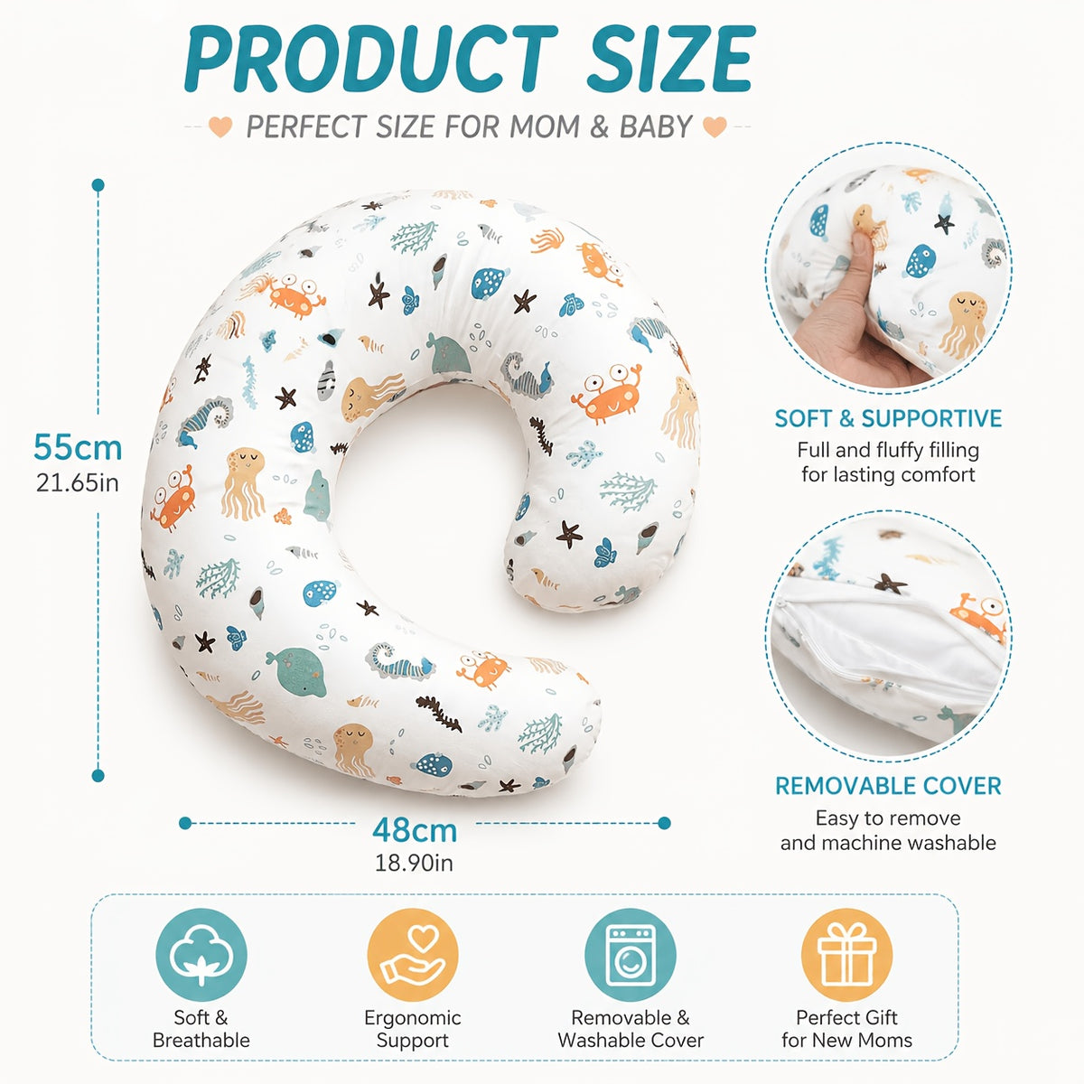 Baby Nursing Pillow with Removable Washable Cover, Soft Breathable Feeding Support Pillow for Breastfeeding, Bottle Feeding, Tummy Time &amp; Sitting