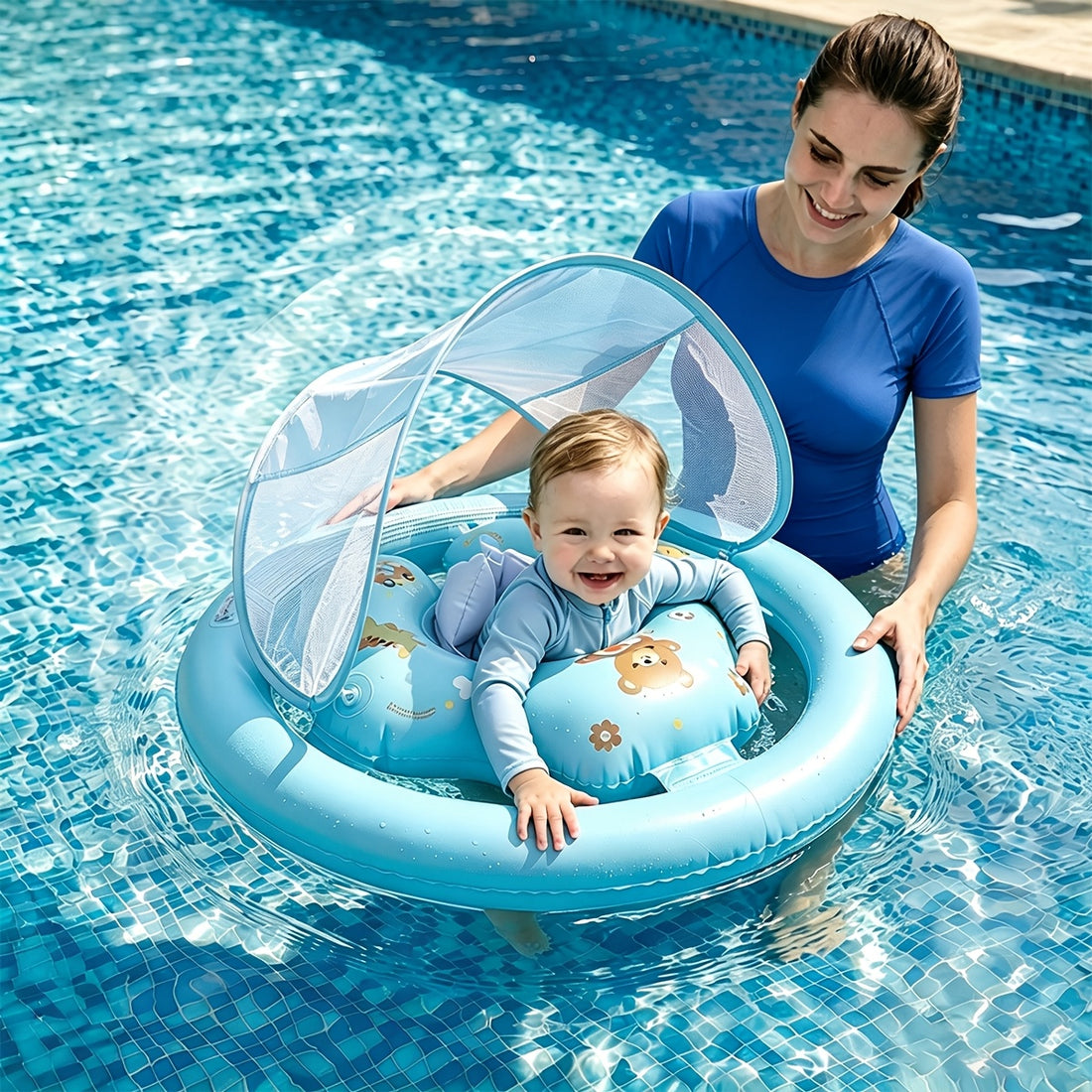 Cartoon Bear Inflatable Swimming Ring, Anti-Tipping Float, Pool Water Toy