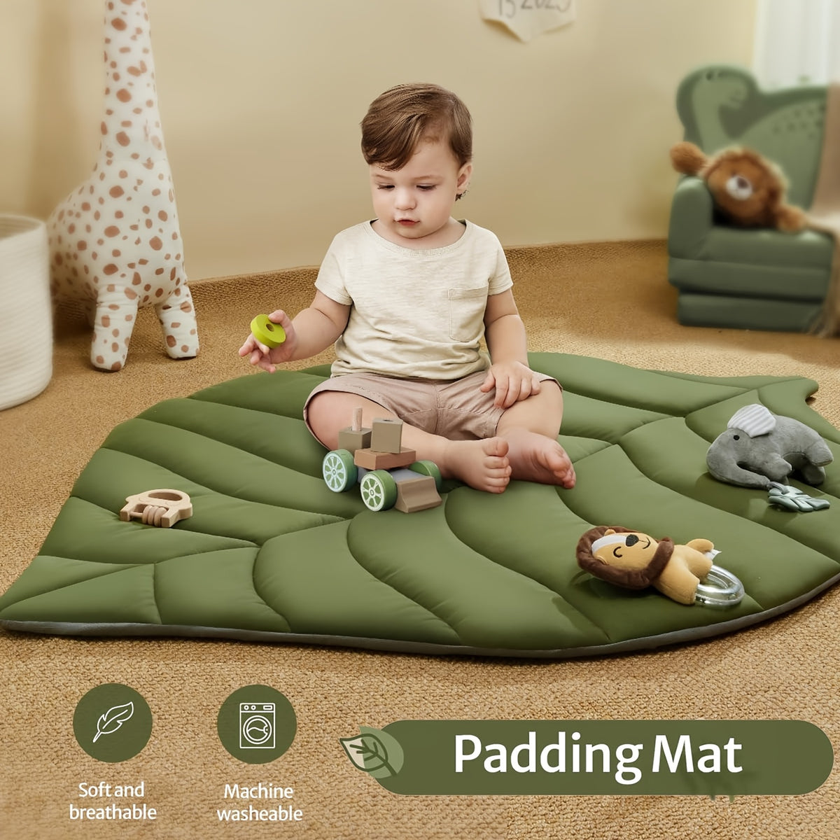 Baby Playmat Gym &amp; Activity Leaf Mat | Tummy Time Mat with Detachable Hanging Toys