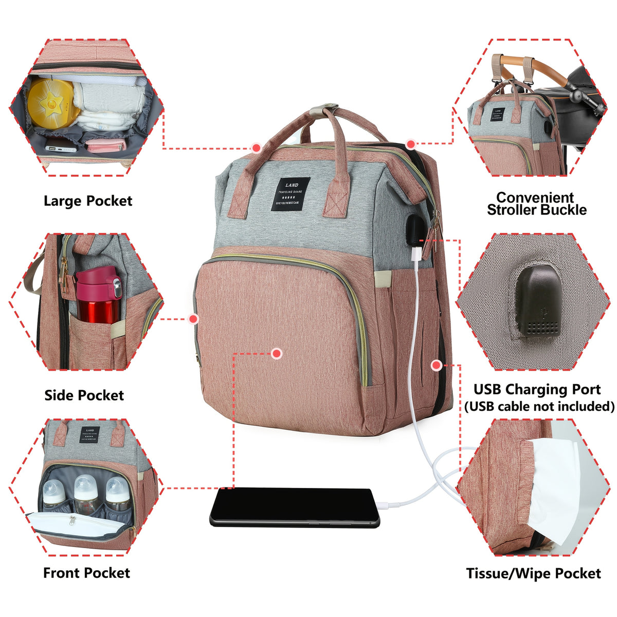 Large-Capacity Diaper Backpack with Portable Changing Station