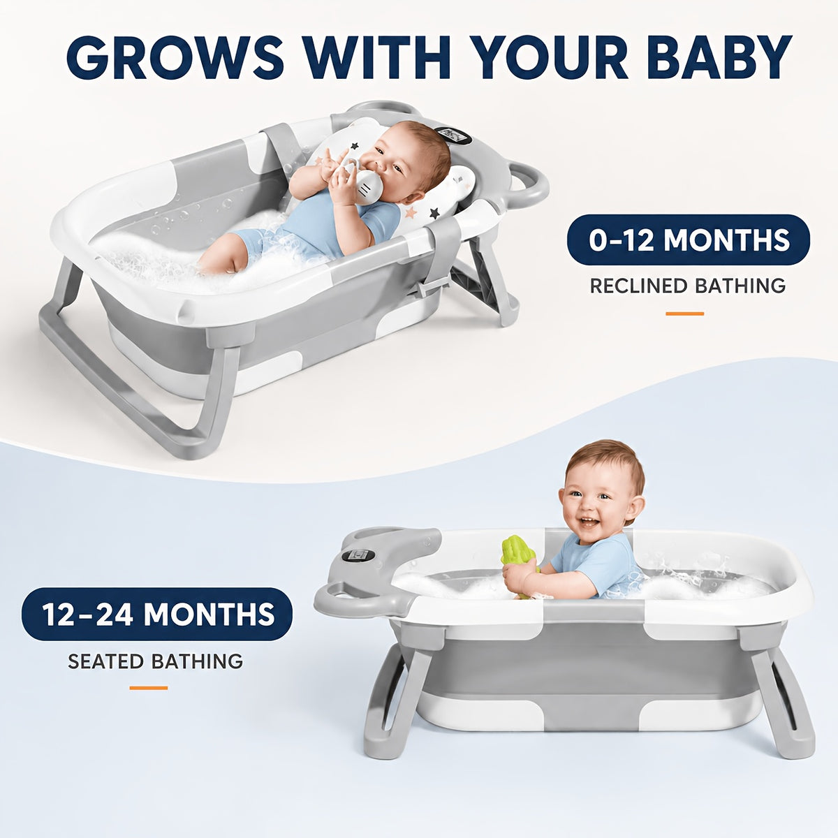 Foldable Baby Bath Tub Set with Digital Temperature Display, Portable Sit And Lie Infant Bathtub, Space-Saving PP And TPE Toddler Bath Basin for Newborns And Babies, "67" X 42 X 21cm, Available In Pink, Blue Or Grey for Home And Travel