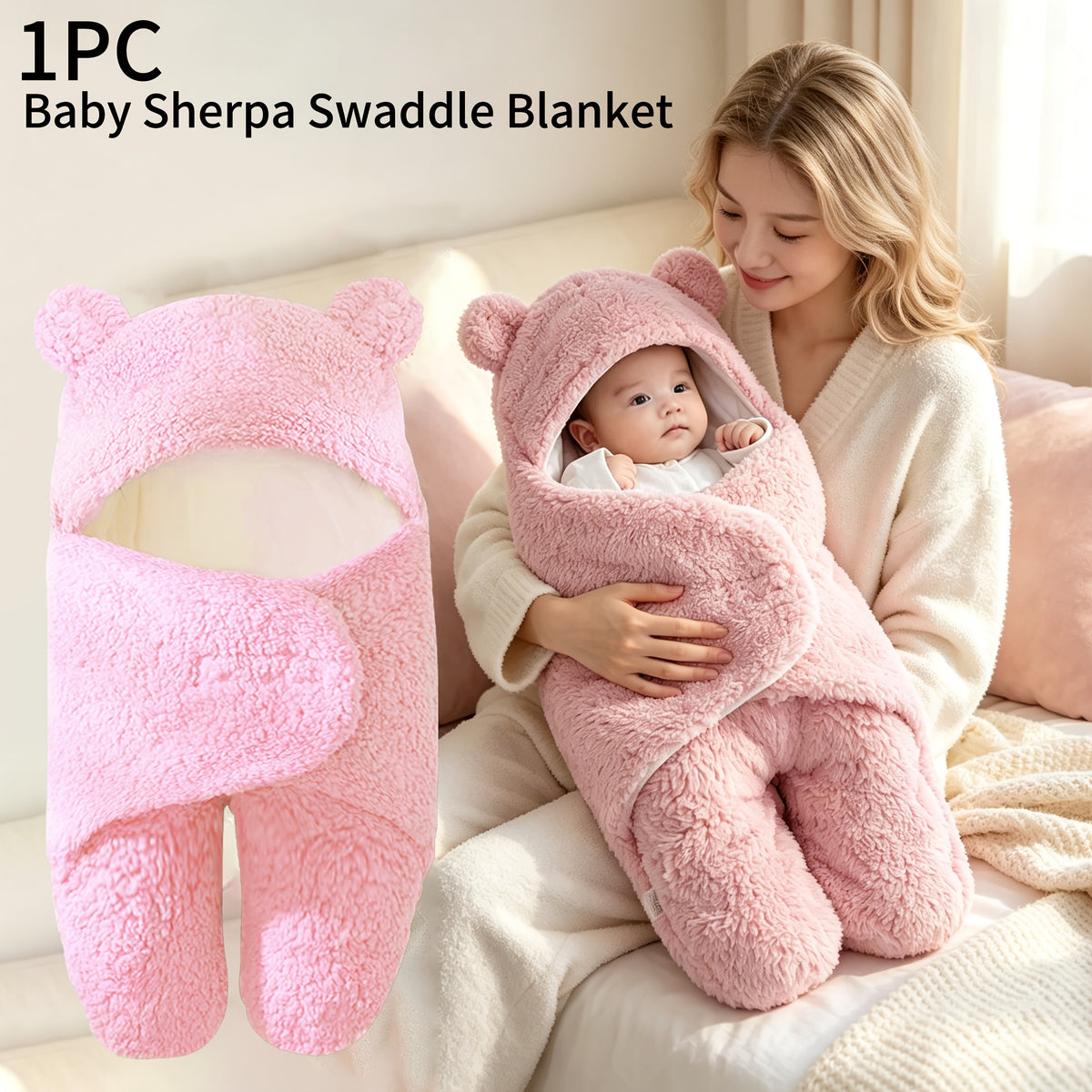 Hooded Newborn Swaddle Blanket with Bear-Ear Hood, 0–3 Months