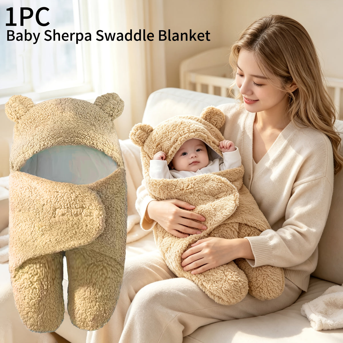Hooded Newborn Swaddle Blanket with Bear-Ear Hood, 0–3 Months