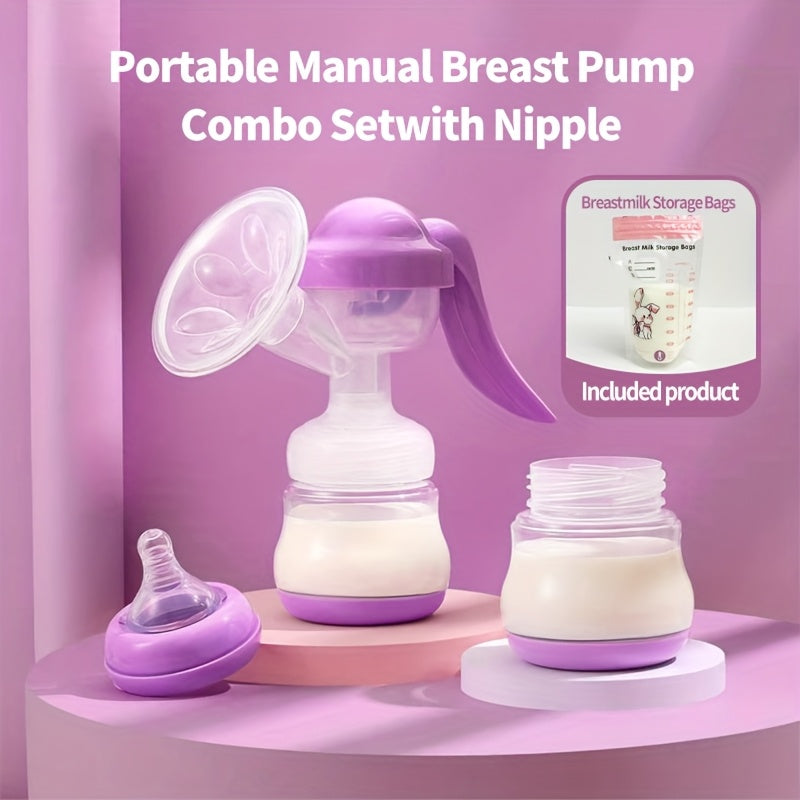 Portable Manual Breast Pump Set | Comes with 30 200ml Breast Milk Storage Bags | Dual Suction + Anti-Backflow Design | Petal Massage Cover | Four Colors Available | 150ml/5oz Large Capacity for Storing Milk | Comfortable And Soft Experience | Detach