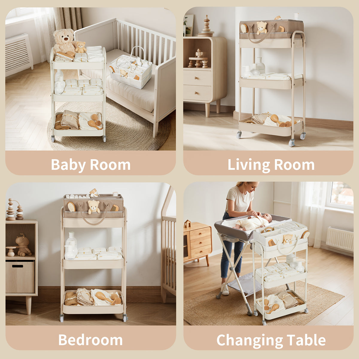 FORTELLA 3-Tier Rolling Diaper Caddy with Drawers, Dividers &amp; Wheels