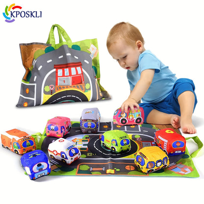 Plush Toy Cars and Animals Set with Play Mat, Carry Bag, Interactive Rattles, and Early Education Toys – Complete Fun and Learning Bundle for Kids