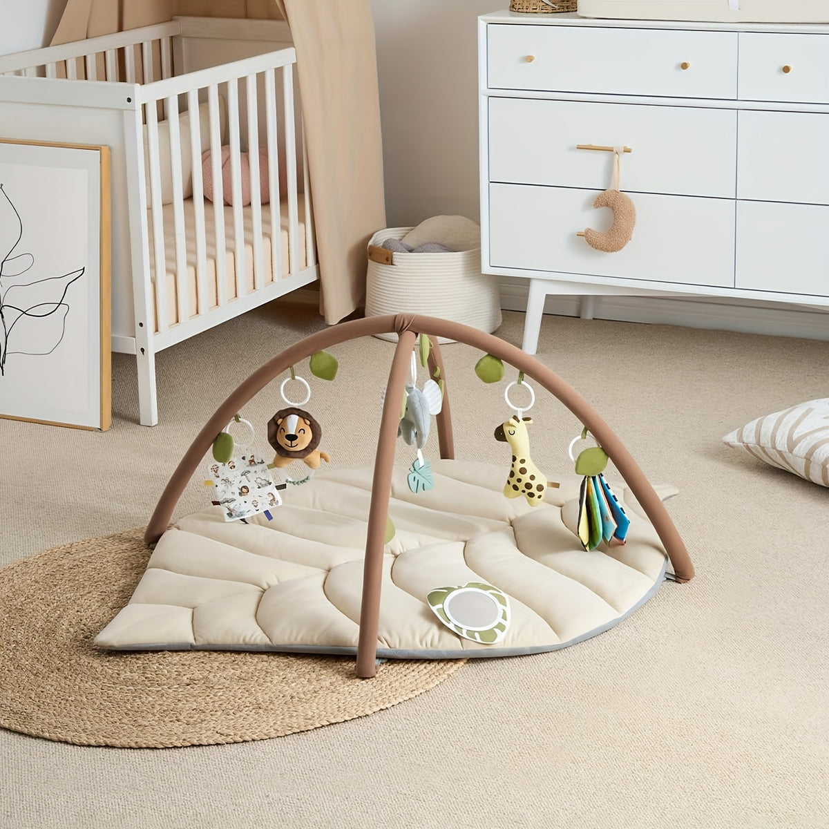 Baby Play Arch &amp; Oversized Leaf-Shaped Play Mat | Baby Gym with 6 Removable Hanging Toys