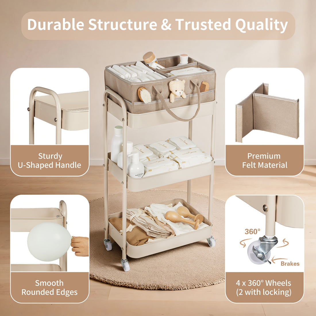 Fortella Diaper Caddy And Storage Cart, 3-Tier Rolling Organizer with Dividers And Drawers, Easy Assembly, Mobile Nursery Cart with Wheels for Changing Table, Crib And Bedroom