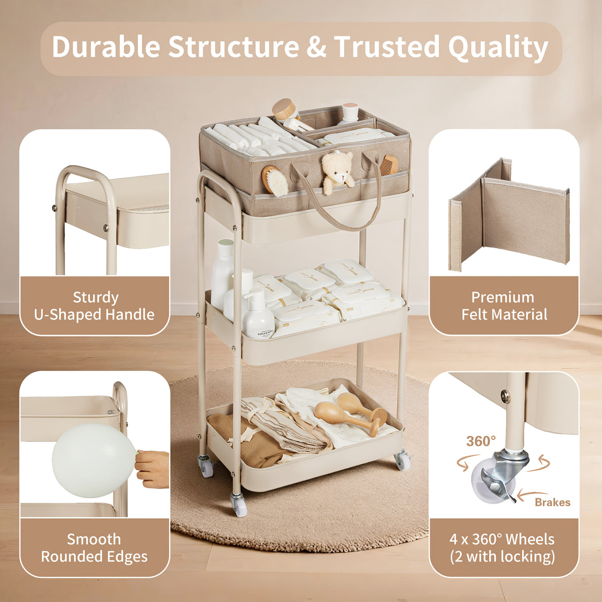 FORTELLA 3-Tier Rolling Diaper Caddy with Drawers, Dividers &amp; Wheels