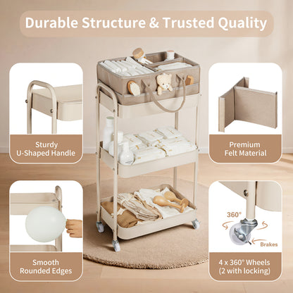 FORTELLA 3-Tier Rolling Diaper Caddy with Drawers, Dividers &amp; Wheels