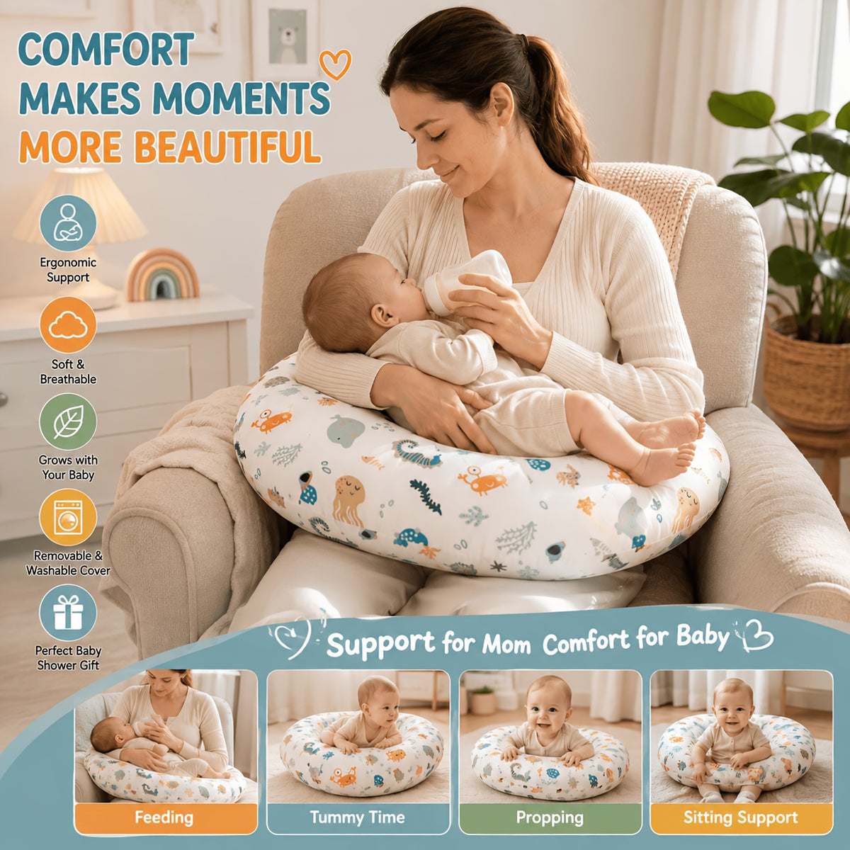 Baby Nursing Pillow with Removable Washable Cover, Soft Breathable Feeding Support Pillow for Breastfeeding, Bottle Feeding, Tummy Time &amp; Sitting