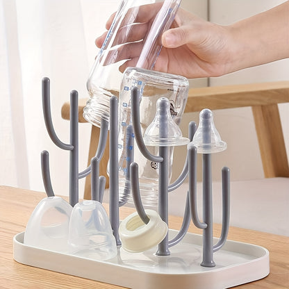 Large Capacity Drying Rack – Upright, Space-Saving Gray Bottle &amp; Cup Organizer with Drainage Function for Kitchen &amp; Bathroom