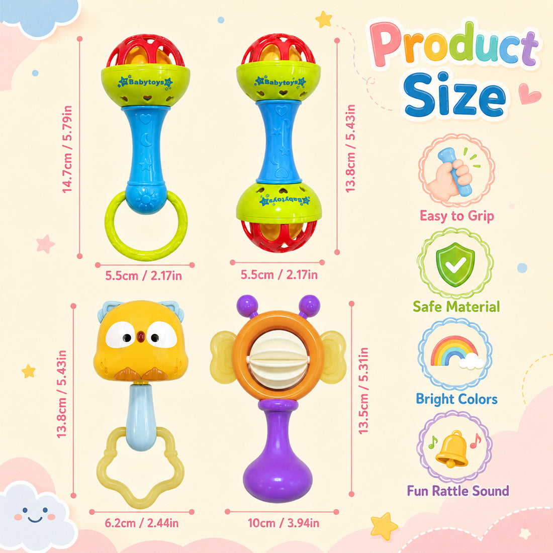 4pcs Baby Hand Crank Bell Grip Toys – Bright Colors, Easy to Hold and Shake, Double Fun Sound, Helps Develop Hearing Skills, Suitable for Infants, Random Color Selection