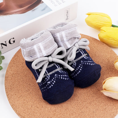 3 Pairs Baby Socks Set – Bow Tie Shoelace Design, Letter &amp; Stripe Patterns, Cute and Comfortable Flip-Over Socks for Children