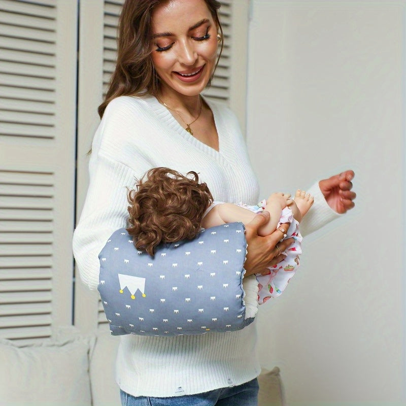 1pc Ergonomic Baby Feeding Pillow - Soft Polyester Nursing Armrest Cushion with Adjustable Strap, Travel-Friendly Breastfeeding Support for Comfortable Bottle-Feeding &amp; Breastfeeding, Pink/Blue/Yellow, Dotted Bear Design