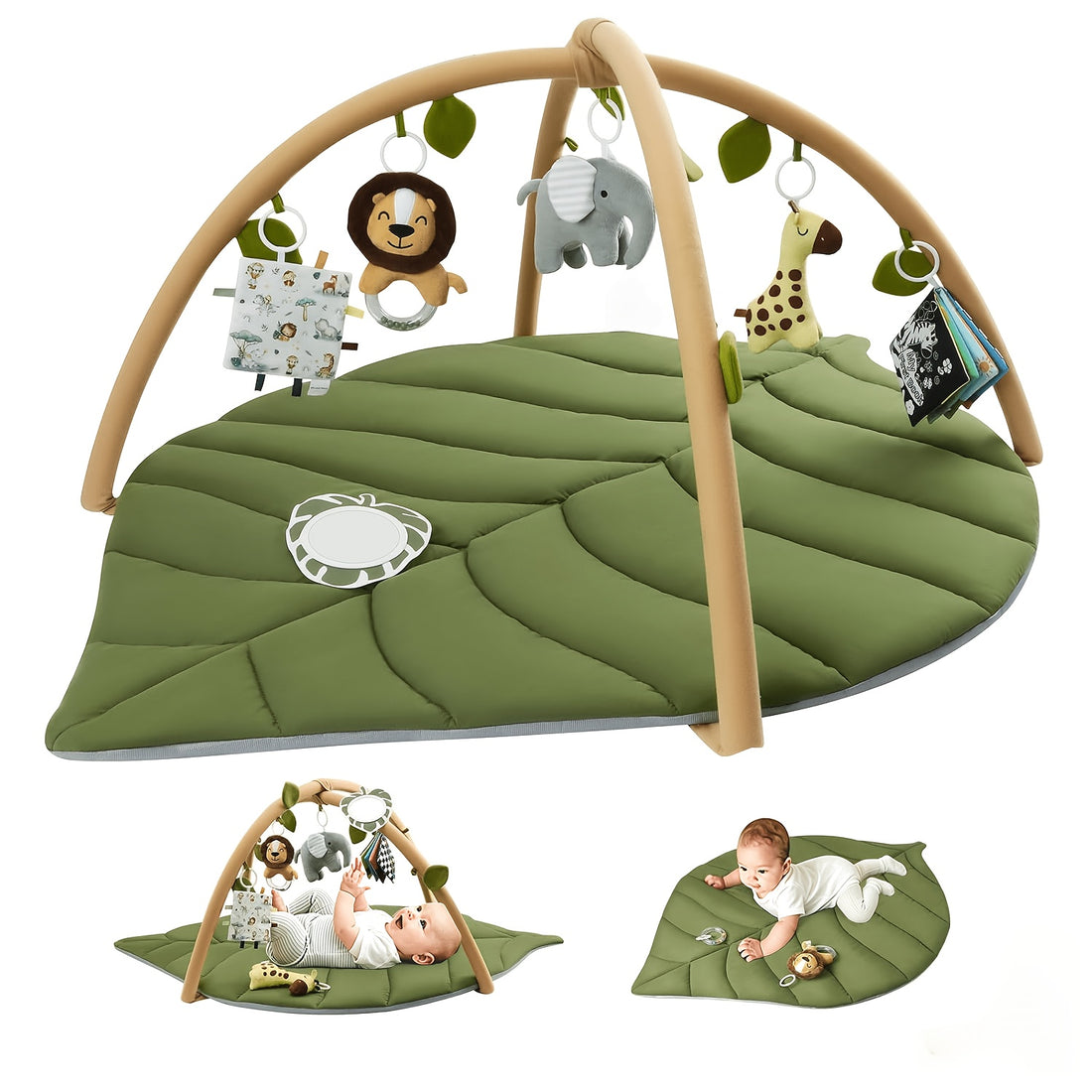 Baby Playmat Gym & Activity Leaf Mat | Tummy Time Mat with Detachable Hanging Toys