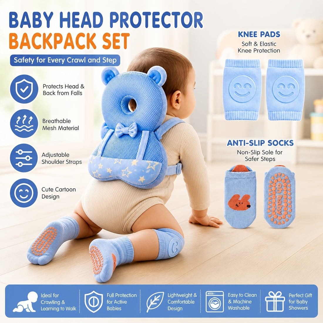 5pcs Set of Toddler Walking And Crawling Anti-Fall Back Support Pillow, Knee Pads, And Non-Slip Floor Socks, Soft Polyester Head Protection, Breathable Learning Sitting Pillow, Cute Animal Design Safety Guard Pillow