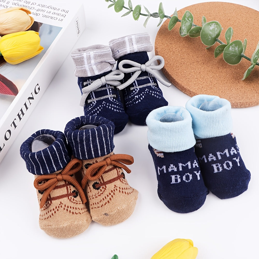 3 Pairs Baby Socks Set – Bow Tie Shoelace Design, Letter & Stripe Patterns, Cute and Comfortable Flip-Over Socks for Children