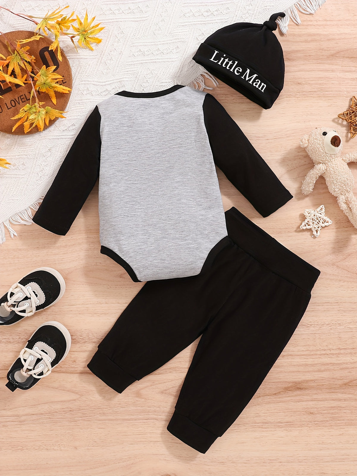 Letter Print Romper with Long Pants &amp; Hat – Casual All-Match Outfit for Spring &amp; Autumn Outdoor Wear, Perfect Newborn &amp; Toddler Essentials